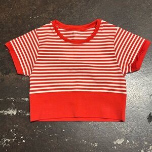 Aerie Red and White Striped Crop Top Fitted Size Small Gym Yoga Lounge Nautical